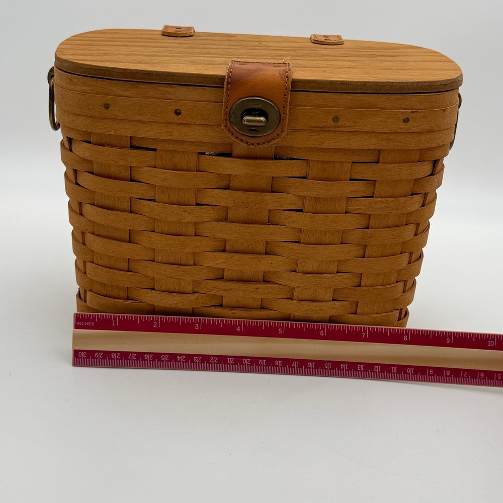 Longaberger 1996 Handwoven Basket WoodLid Leather Closure Clear Liner Dresden OH - Picture 8 of 9